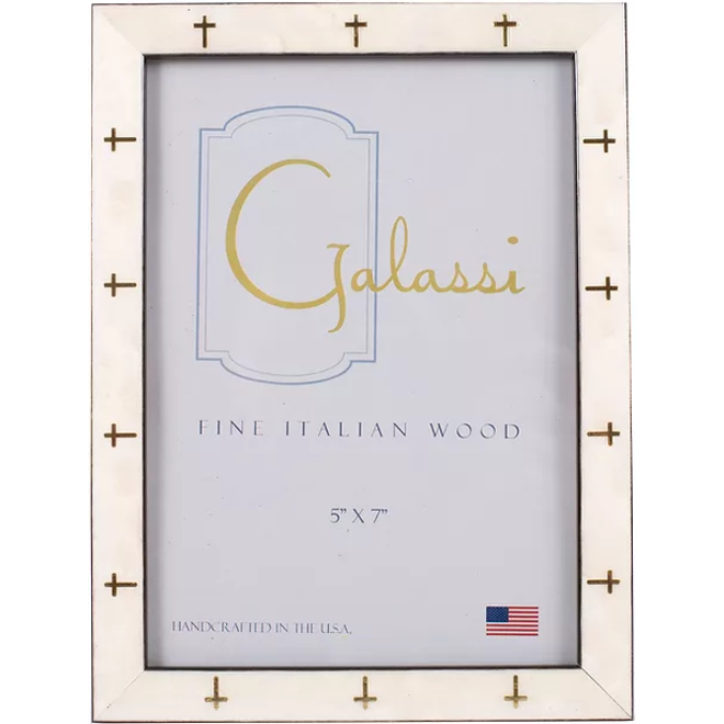 Galassi 5 inch x 7 inch White Burl Picture Frame with Gold Cross