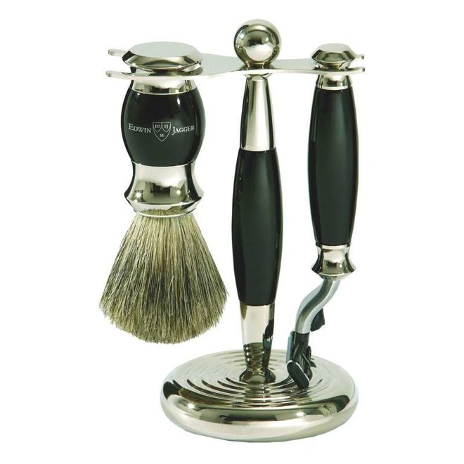 Edwin Jagger 3 piece Imitation Ebony Classic Shaving Accessories Mach 3 Razor, Pure Badger Shaving Brush Pure Badger, Chrome Plated Stand