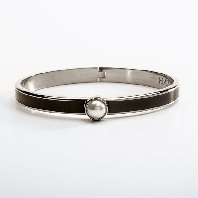 Cabochon Pearl, Black & Palladium Hinged Skinny Bangle