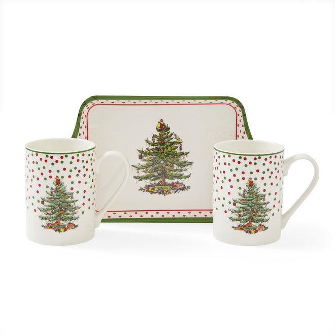 Christmas Tree Polka Dot Mugs & Tray Set