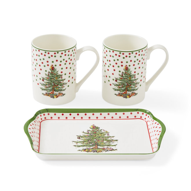 Christmas Tree Polka Dot Mugs & Tray Set