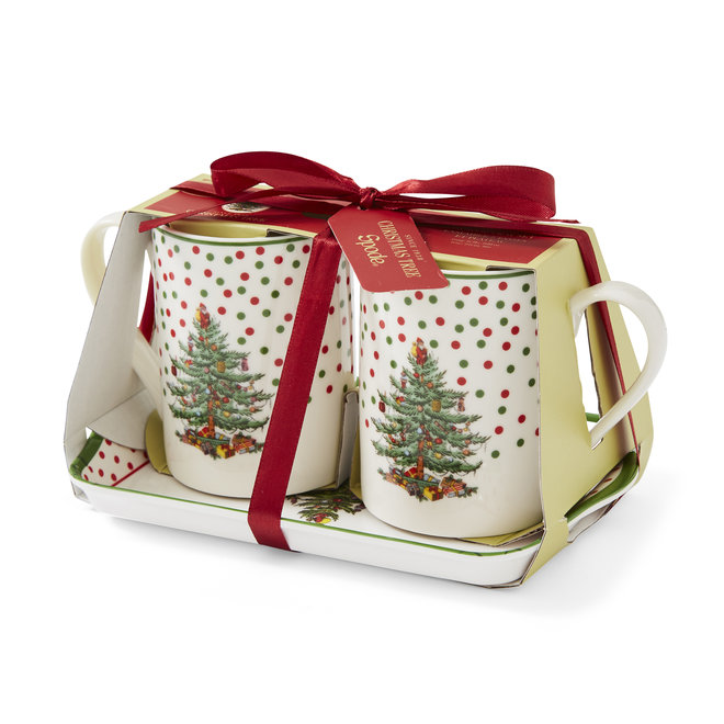 Christmas Tree Polka Dot Mugs & Tray Set