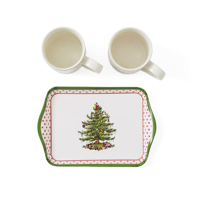 Christmas Tree Polka Dot Mugs & Tray Set