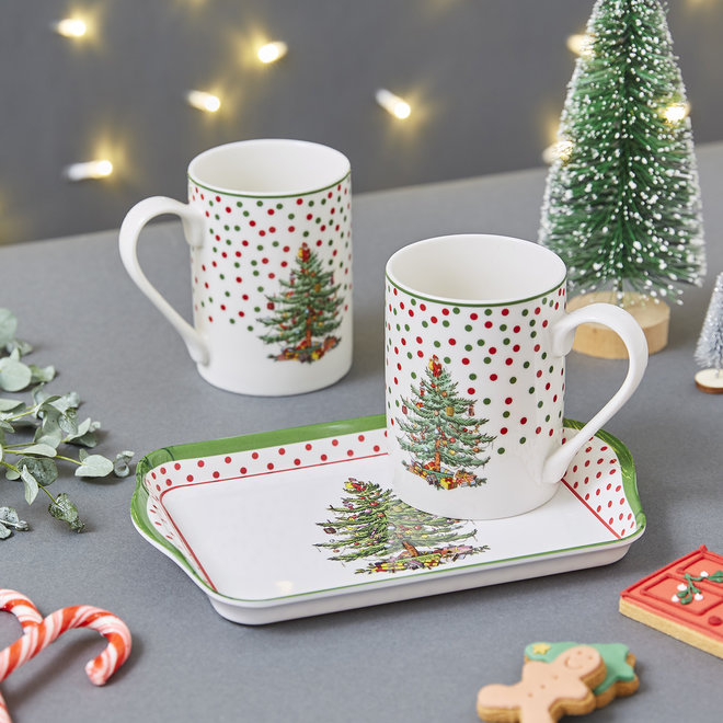 Christmas Tree Polka Dot Mugs & Tray Set