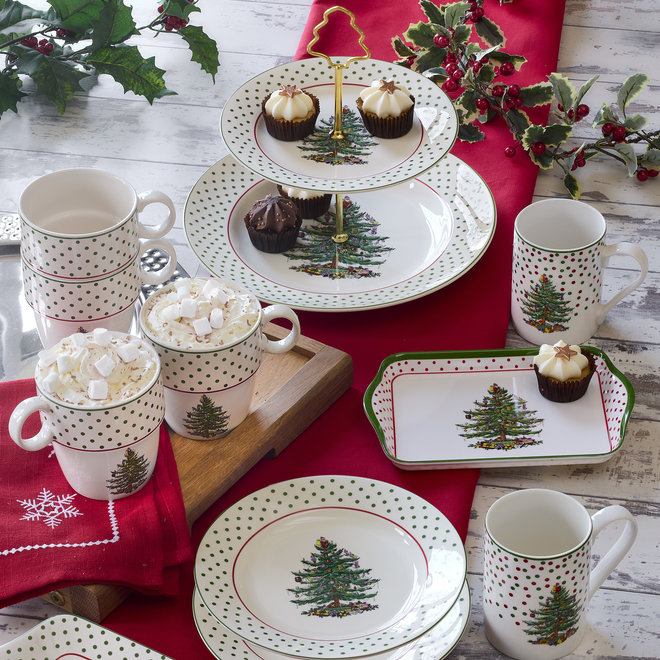 Christmas Tree Polka Dot Mugs & Tray Set