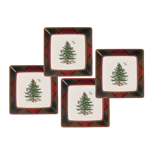 Christmas Tree Tartan Tidbit Plates Set