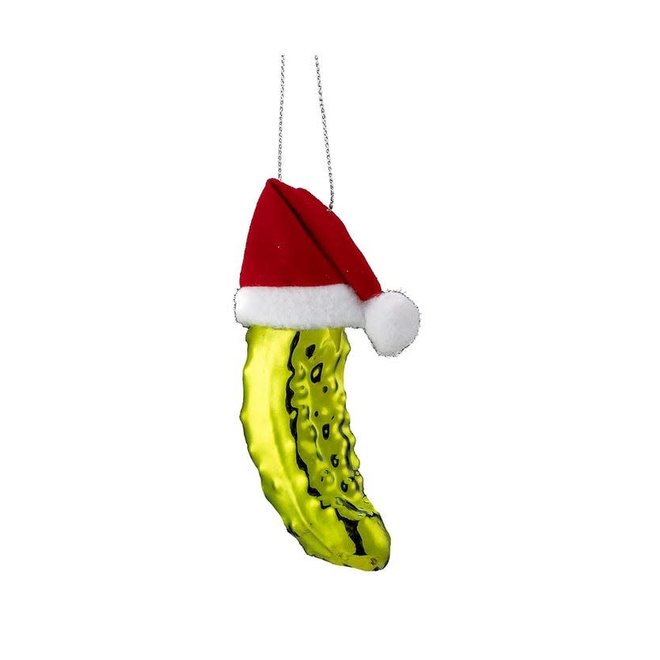 Kurt Adler Noble Gems Pickle in a Santa Hat Glass Ornament