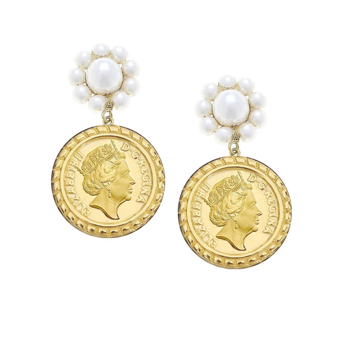 Queen Elizabeth Coin Pearl Drop Earrings