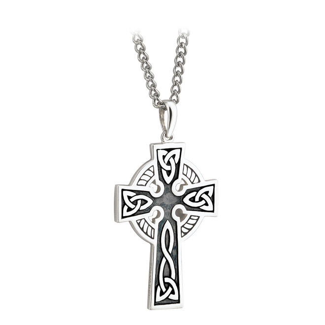Mens Double Sided Oxidised Silver Celtic Cross Pendant Necklace