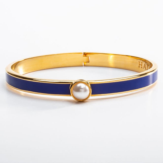 Cabochon Pearl, Cobalt & Gold Hinged Skinny Bangle