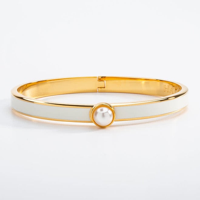 Cabochon Pearl, Cream & Gold Hinged Skinny Bangle