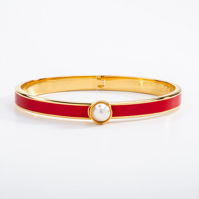 Cabochon Pearl, Red & Gold Hinged Skinny Bangle