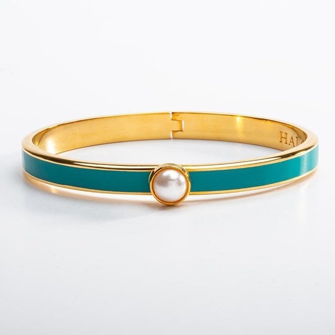 Cabochon Pearl, Turquoise & Gold Hinged Skinny Bangle