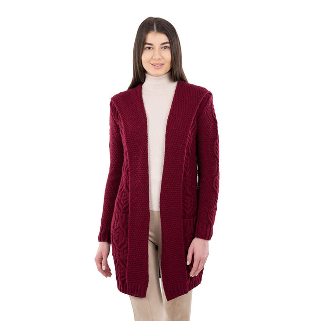 SAOL Knitwear Long Cardigan with Hood: Wine - British Isles