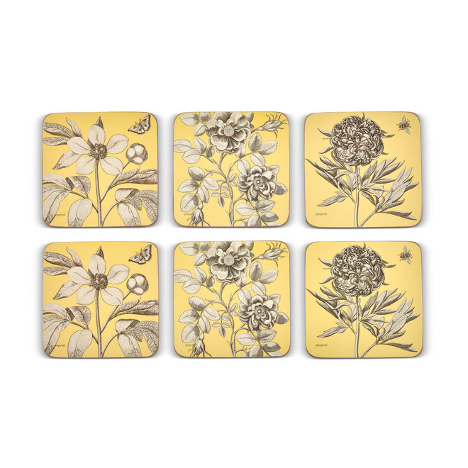 Pimpernel Etchings & Roses Yellow Coasters British Isles