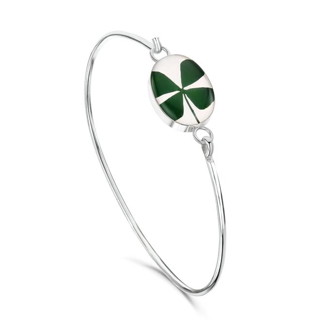 Four Leaf Clover Oval Silver Bangle