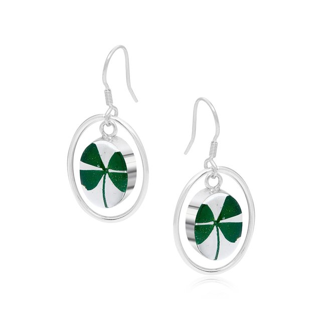 Four Leaf Clover with Silver Oval Surround Silver Drop Earrings