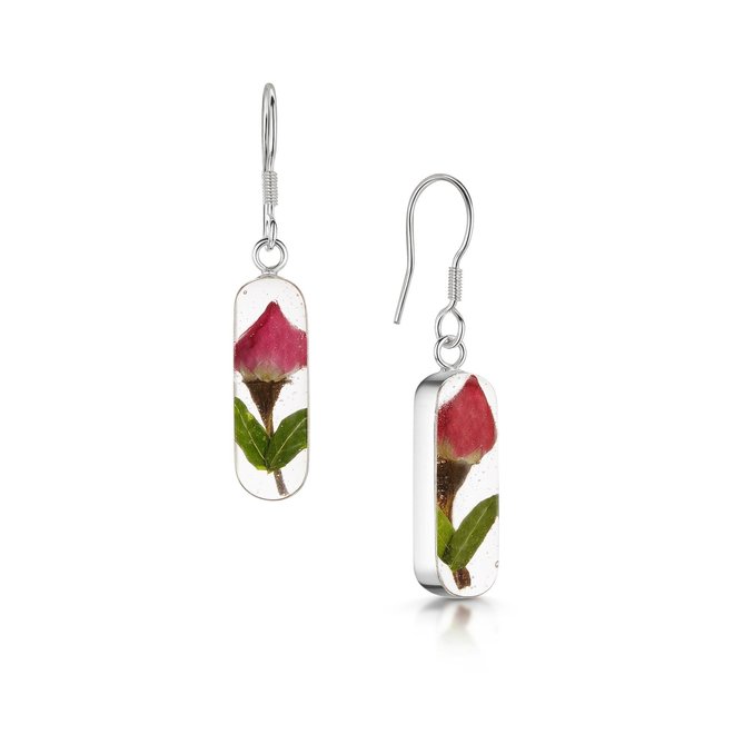 Rose Bud Vertical Bar Silver Drop Earrings