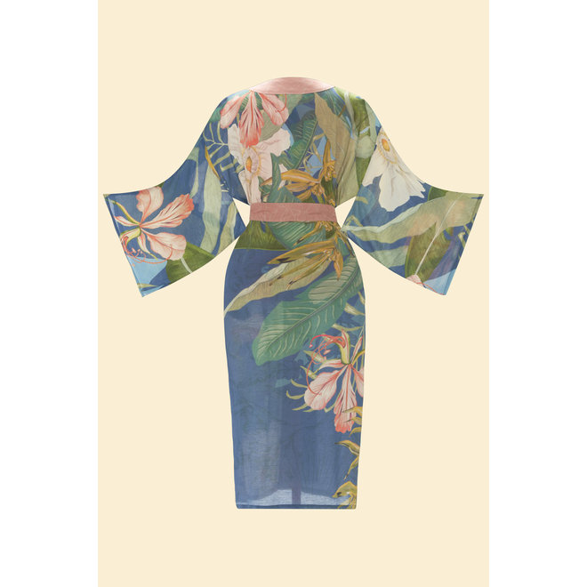 Delicate Tropics in Indigo Kimono Gown