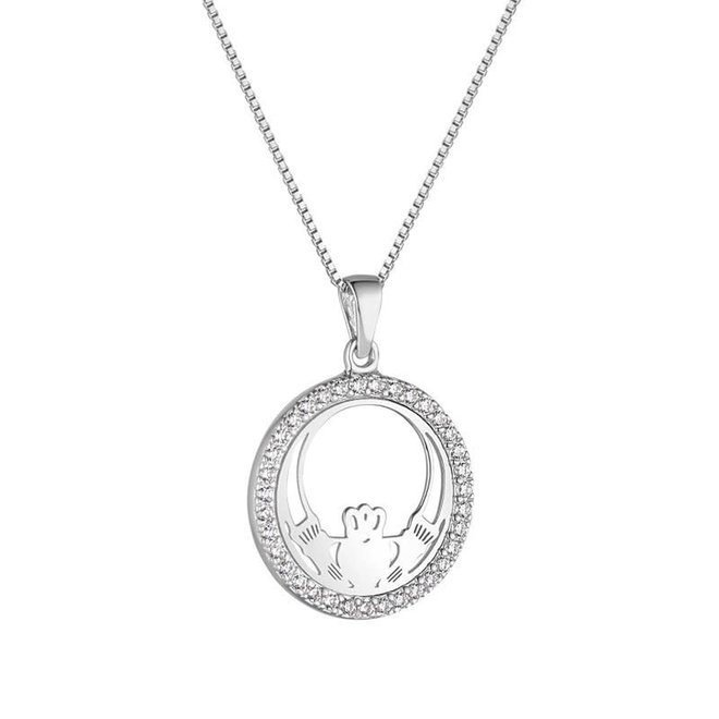Round Claddagh Sterling Silver & Cubic Zirconia Pendant Necklace