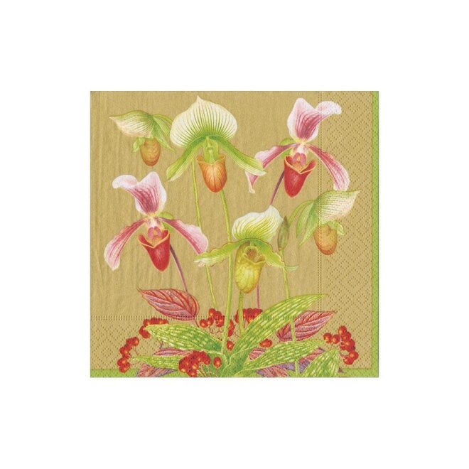 Slipper Orchid Gold Paper Cocktail Napkins