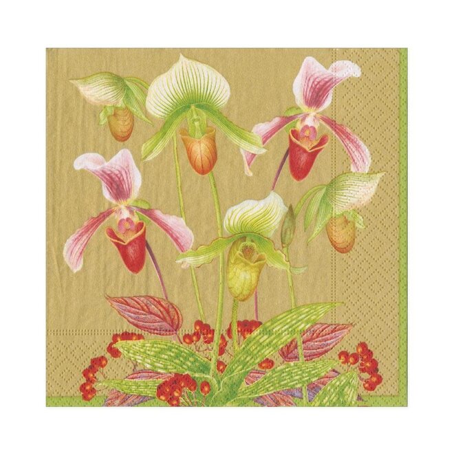 Slipper Orchid Gold Paper Luncheon Napkins