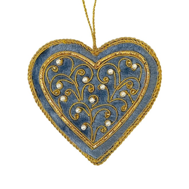 St. Nicolas Steel Blue Flourish Heart with Pearls Ornament