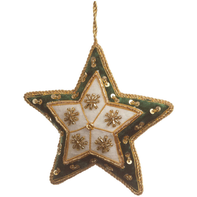 St. Nicolas Ivory & Green Velvet Starburst Star Ornament