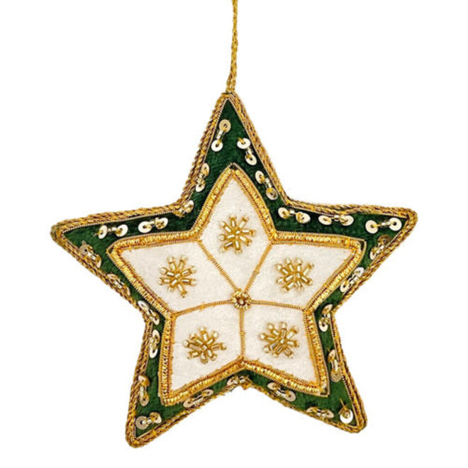 St. Nicolas Ivory & Green Velvet Starburst Star Ornament