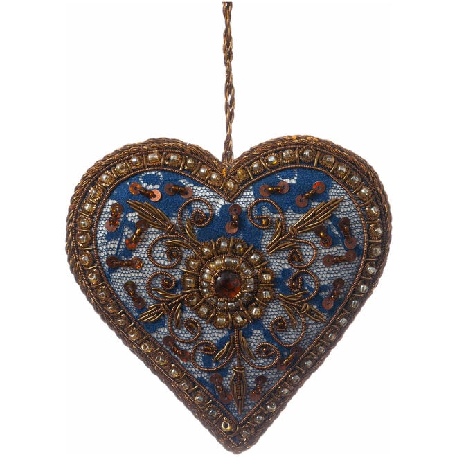 St. Nicolas Navy Lace Heart with Beaded Border Ornament