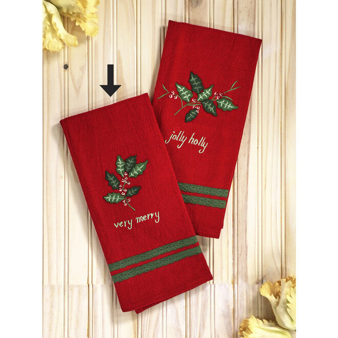 Holly Gingham Very Merry Embroidered Tea Towel