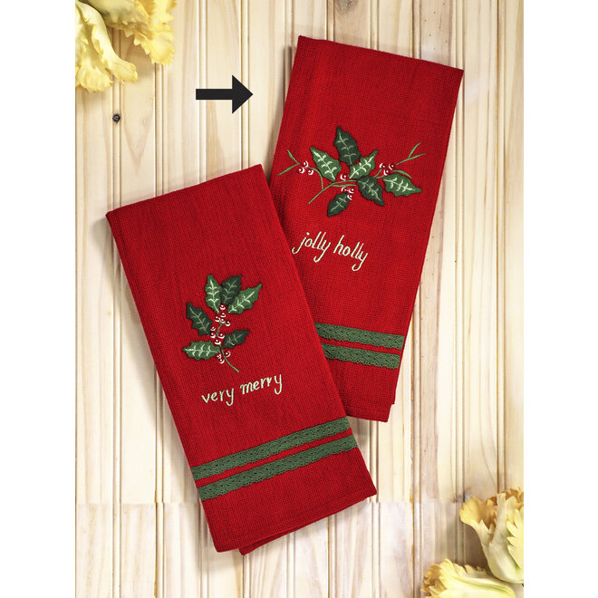 Holly Gingham Jolly Holly Embroidered Tea Towel