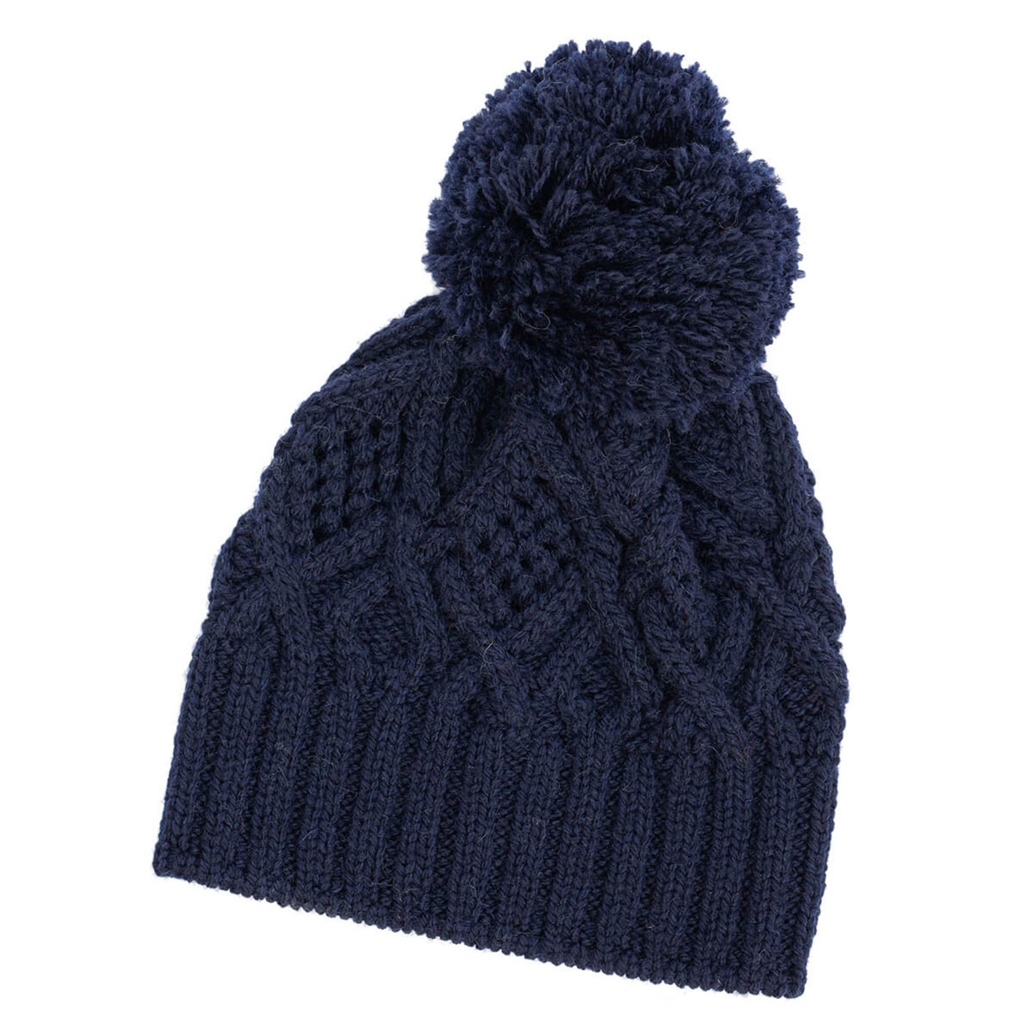 SAOL Knitwear Aran Wool Bobble Hat Navy British Isles