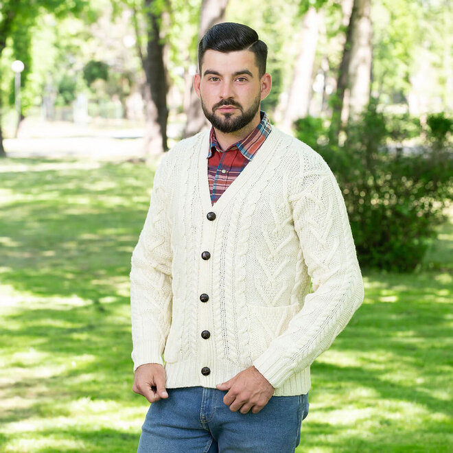 Men's V Neck Cable Cardigan (Natural)