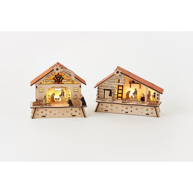 Wooden Nativity Scene with Lights
