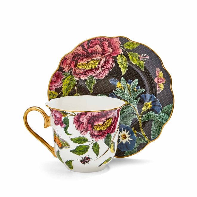 Creatures of Curiosity Snake & Dark Floral Fluted Teacup & Saucer