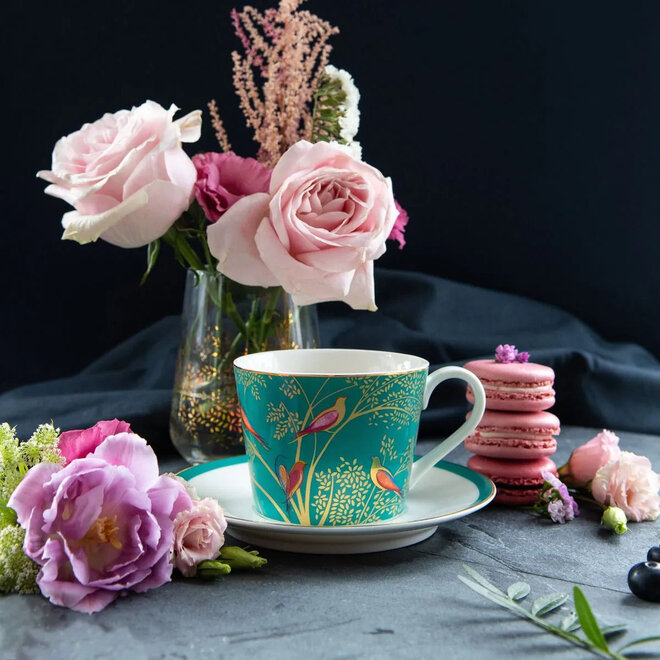 Sara Miller Chelsea Collection Green Birds Teacup & Saucer