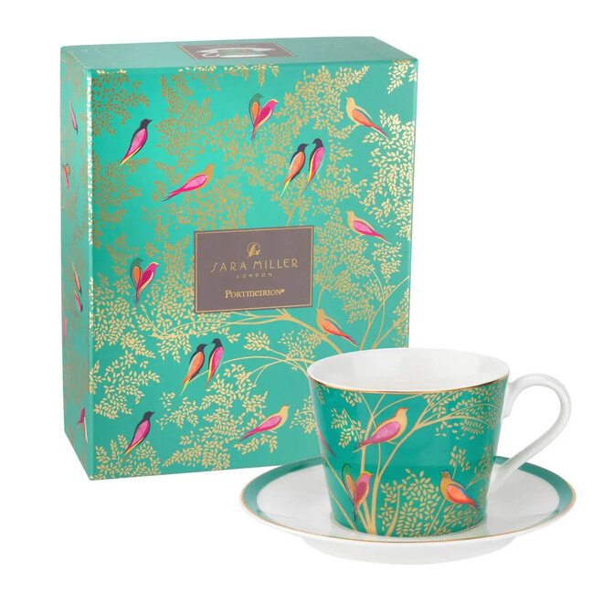 Sara Miller Chelsea Collection Green Birds Teacup & Saucer