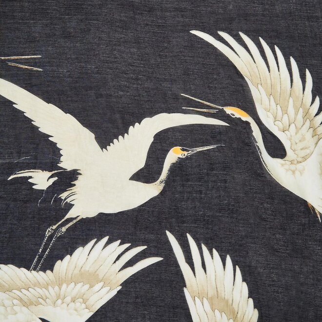 Heron Print Black Long Kimono