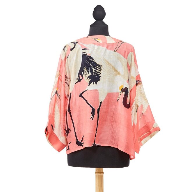 Peony Pink Heron Print Short Kimono