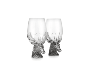 A E Williams Stag Head Wine Glasses With Solid Pewter Stem And Heavy Bottom Base | Decorative Large Tasting Glass Pair F