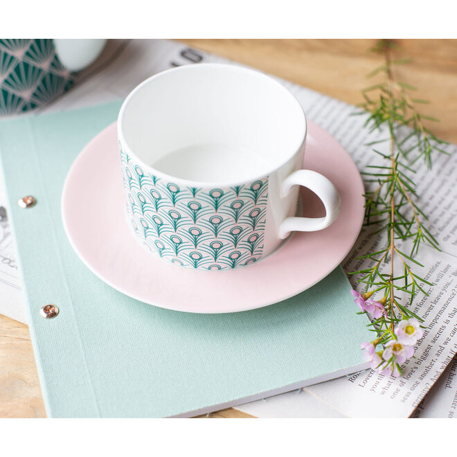 Peacock Cup & Saucer in Teal & Blush Pink (Blush Saucer)