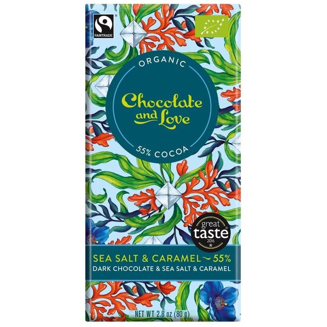 Chocolate & Love Organic 65% Dark Chocolate, Sea Salt & Caramel Bar