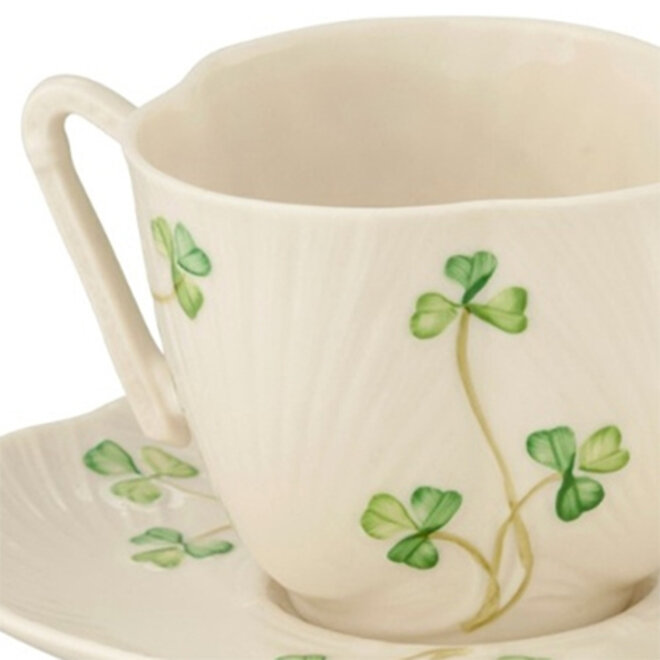 Belleek Shamrock Harp Teacup & Saucer