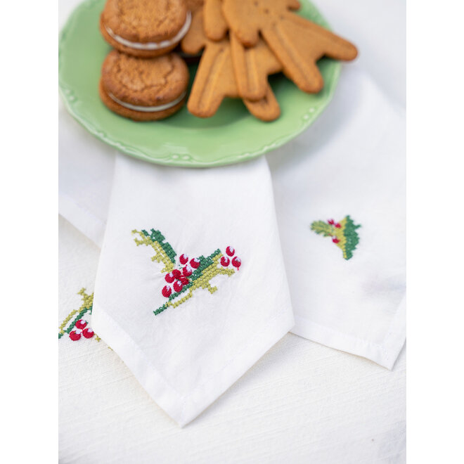 Candy Cane Ecru Cross Stitch Embroidered Tea Napkins