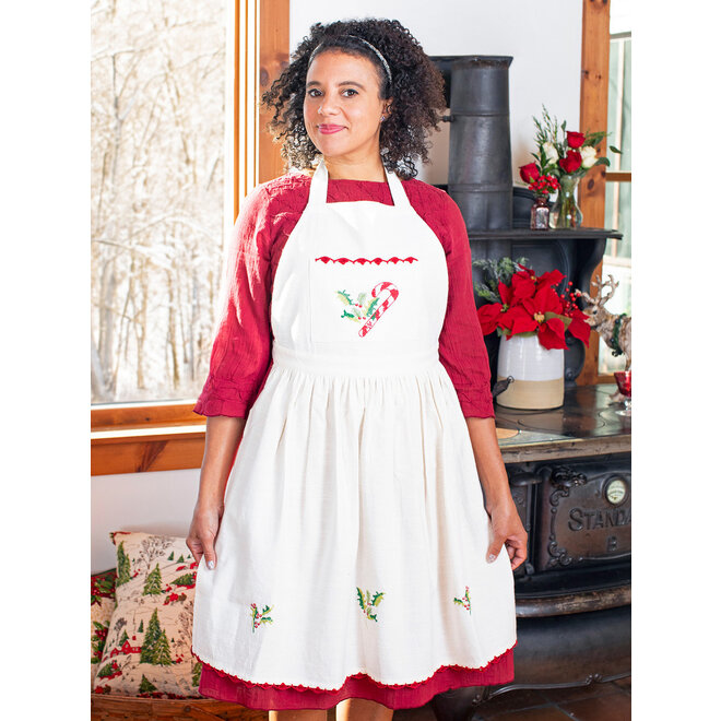 Candy Cane Ecru Cross Stitch Embroidered Chef Apron