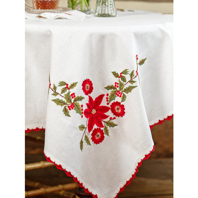 Poinsettia with Red Trim Embroidered Tablecloth, 36" x 36"