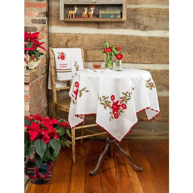 Poinsettia with Red Trim Embroidered Tablecloth, 36" x 36"