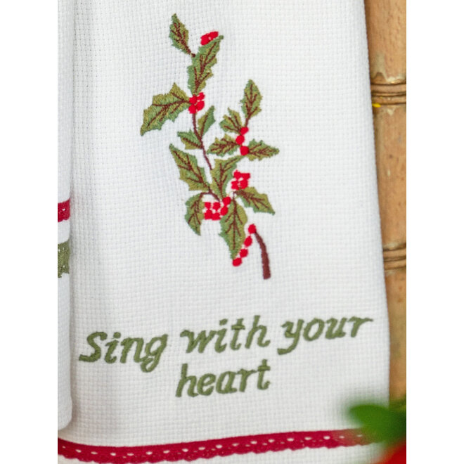 Sing with Your Heart' Holly Embroidered White Tea Towel