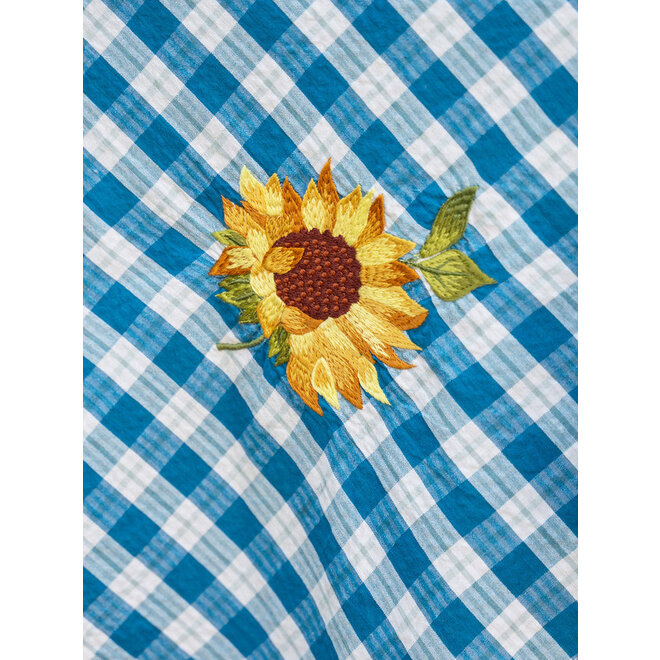 Sunflower Navy Embroidered Tea Cloth, 36" x 36"